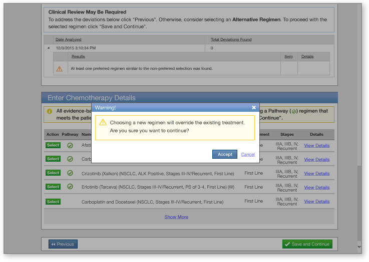 Pathway Regimen Selection - Regimen Alternative Warning